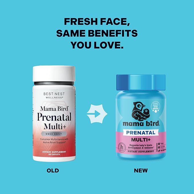 Best Nest Wellness Mama Bird Prenatal Multi Plus - Prenatal Care Supplement Supports Brain & Digestive Health - Vegan Multivitamin with L-Methylfolate, Probiotics & More - 30 Caplets (30 Servings)