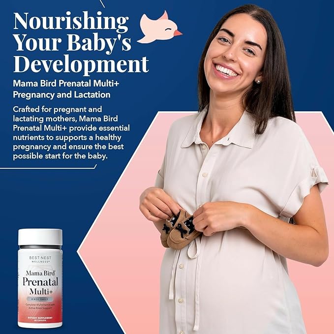 Best Nest Wellness Mama Bird Prenatal Multi Plus - Prenatal Care Supplement Supports Brain & Digestive Health - Vegan Multivitamin with L-Methylfolate, Probiotics & More - 30 Caplets (30 Servings)