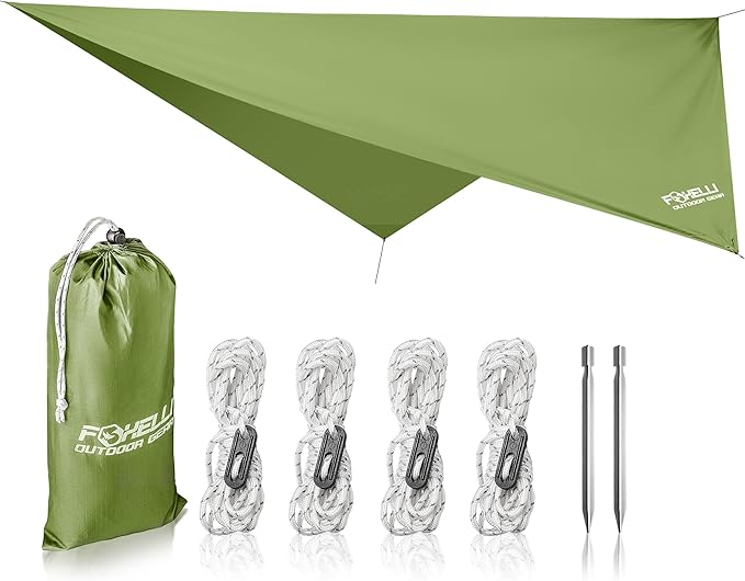 Foxelli Hammock Rain Fly - Waterproof Lightweight Tent & Hammock Rain Tarp for Camping, Backpacking w/Easy Setup Including Extra Long Guy Lines & Stakes