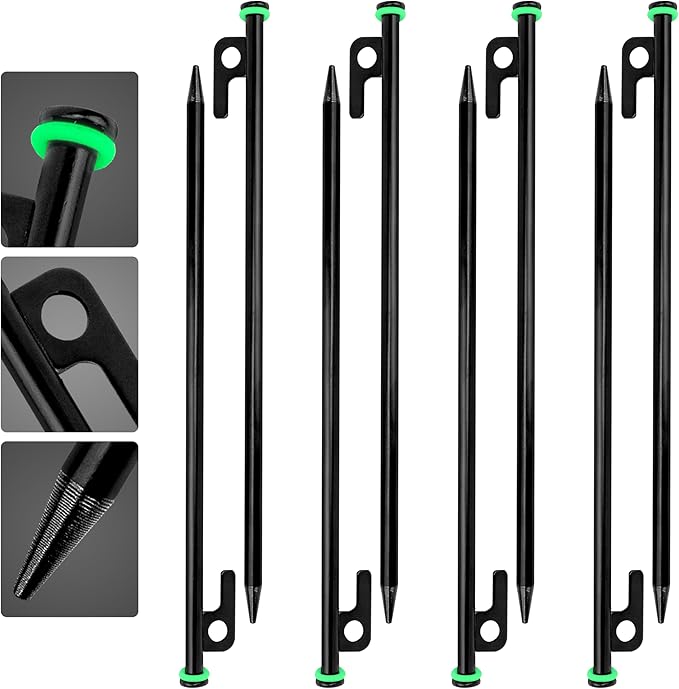 Pack 8 Tent Stakes Heavy Duty Metal, 12-inch Camping Stakes - Unbreakable Tent Pegs with Glow Ring for Enhanced Visibility, Durable Ground Stakes for Outdoor Adventures