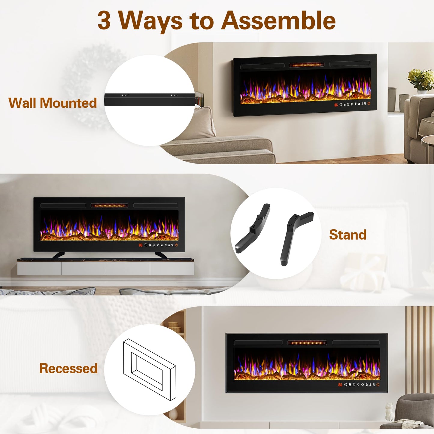 ALPACA 36'' Smart WiFi Electric Fireplace Recessed, Wall Mounted and Freestanding Linear Fireplace, Compatible with Alexa and Smart APP Control,13 Adjustable Flame Color and 5 Brightness, 750W/1500W