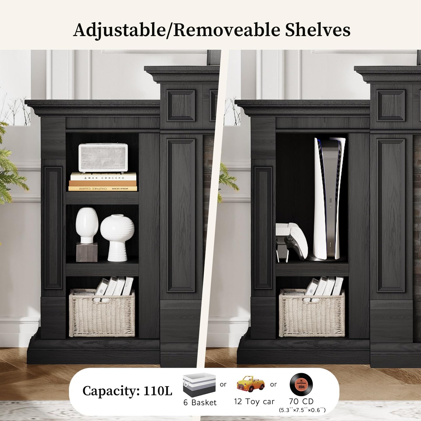 LGHM 72" Fireplace TV Stand for TVs Up to 80 Inch, Electric Fireplace with Mantel, Modern Entertainment Center with Storage, Realistic 3D Flame Effect and Stacked Stone Surround Design for Living Room