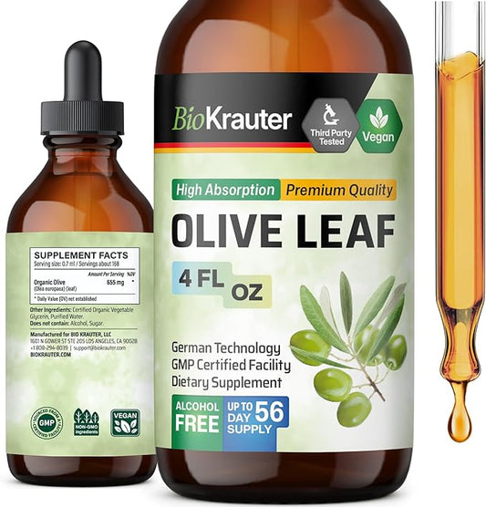 BIO KRAUTER Olive Leaf Extract Liquid - Olive Leaf Tincture for Immune Support - Alcohol and Sugar Free - Vegan Drops 4 Fl.Oz.