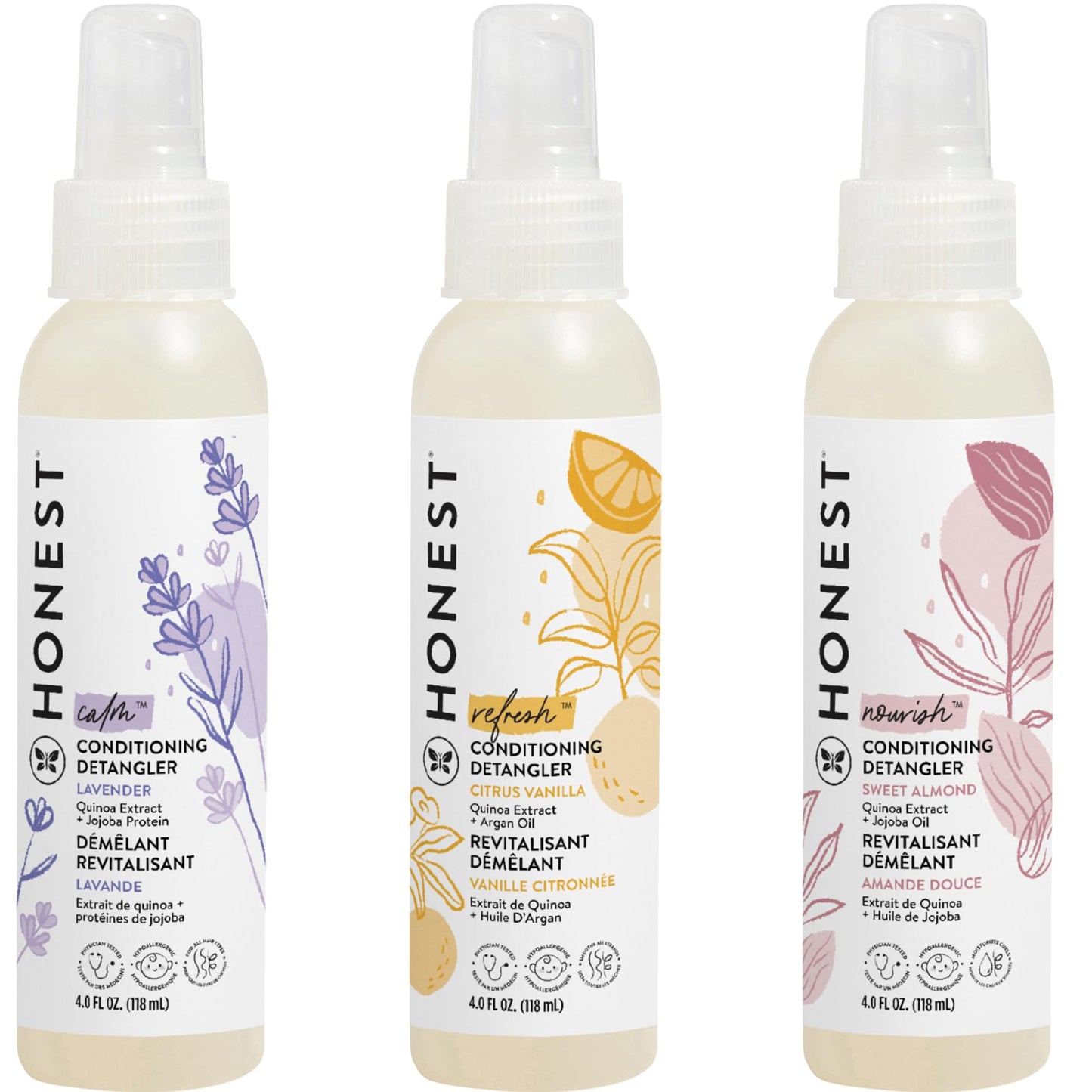 The Honest Company Conditioning Hair Detangler Spray Variety Pack | Tear-Free + Hypoallergenic | Lavender, Citrus Vanilla, Sweet Almond | 4 fl oz each (pack of 3)