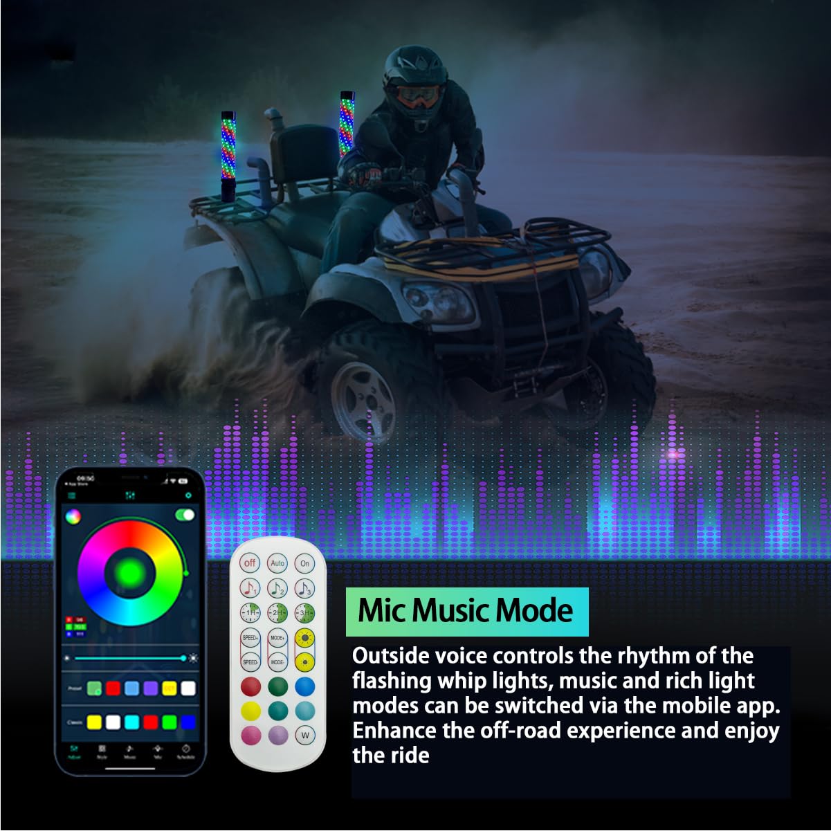 2 Pack 2ft LED Fat Whip Lights, UTV Whip Lights with App & Remote Control, Rocker Switch, Spring Base, Brighter Spiral RGB Chasing Lighted Antenna Whips for Side by Side ATV Can-Am SXS Truck Polaris