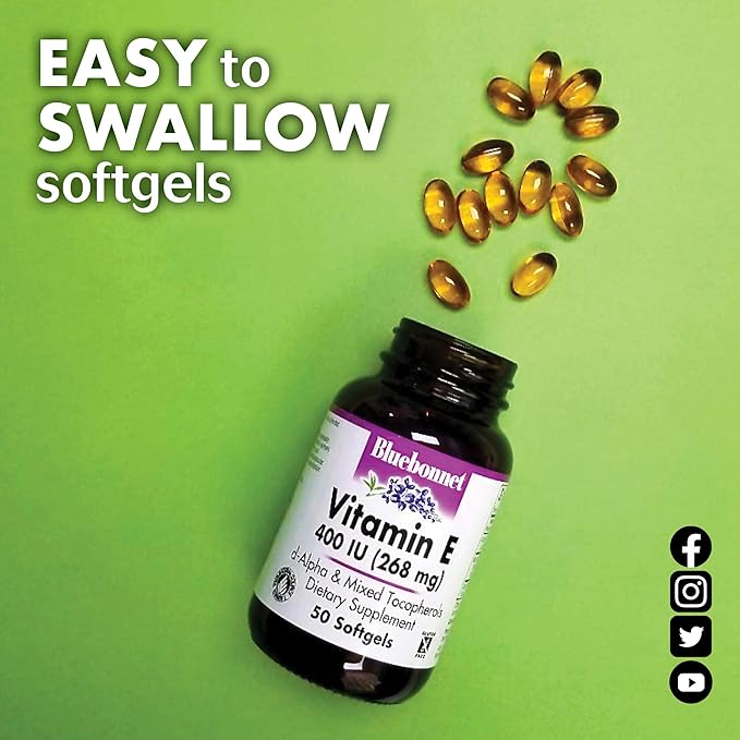 Bluebonnet Nutrition Vitamin E 400 IU (268 mg) Mixed Tocopherols Softgels, Free Radical Portection & Cardiovascular Support, Gluten-Free, Dairy-Free, 50 Softgels, 50 Servings