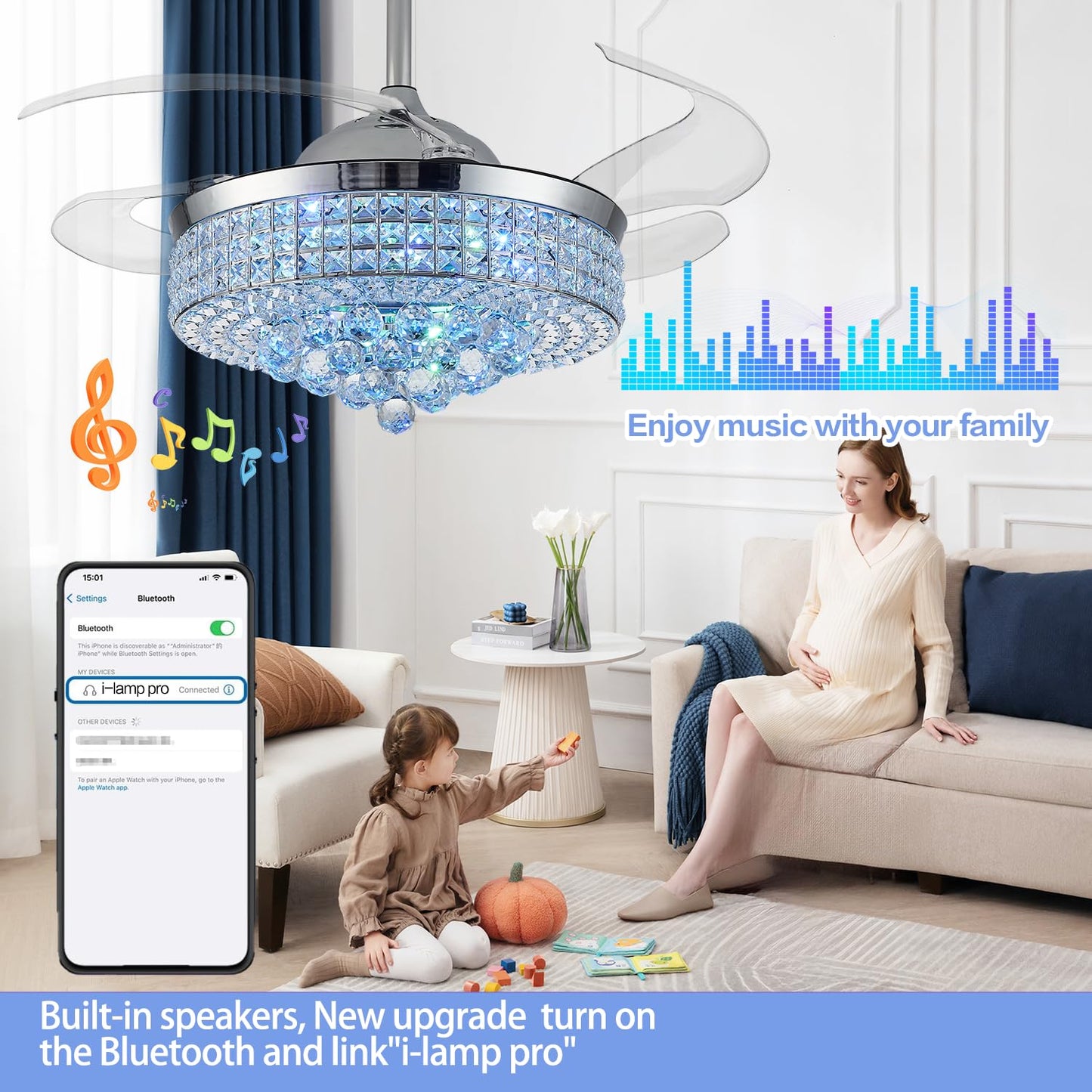 Zynfandor 42” Bluetooth Ceiling Fan with Light and Speaker,RGB Retractable Blades Crystal Fandelier Music Player LED Chandelier 6-Speed APP Control Timer Remote Control for Bedroom Silver