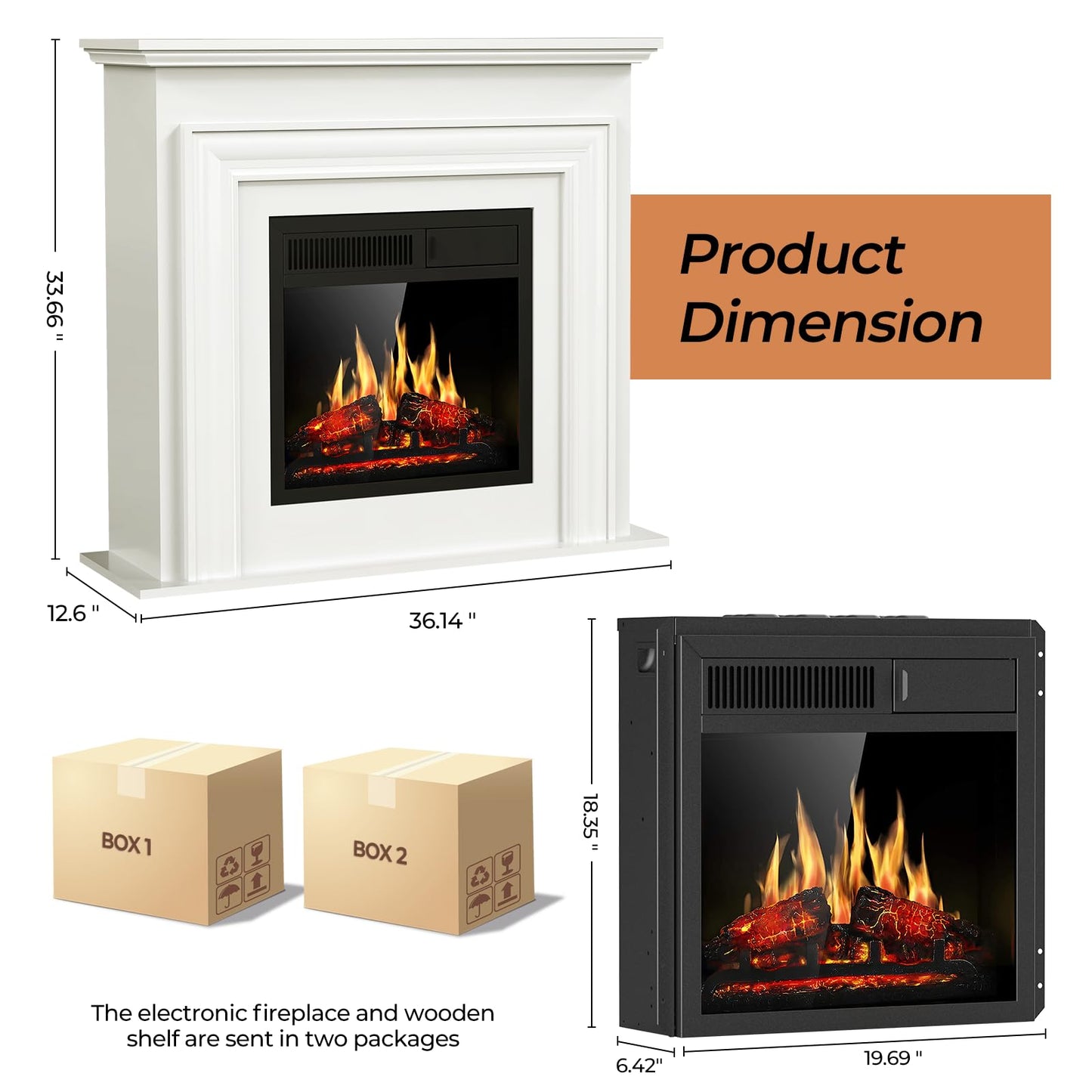 ZAFRO 36" Electric Fireplace Heater with Mantel, 20 inch Electric Fireplace Insert, Freestanding Fireplace with Remote Control, Overheat Protection, Realistic Log & Flame Effect, White