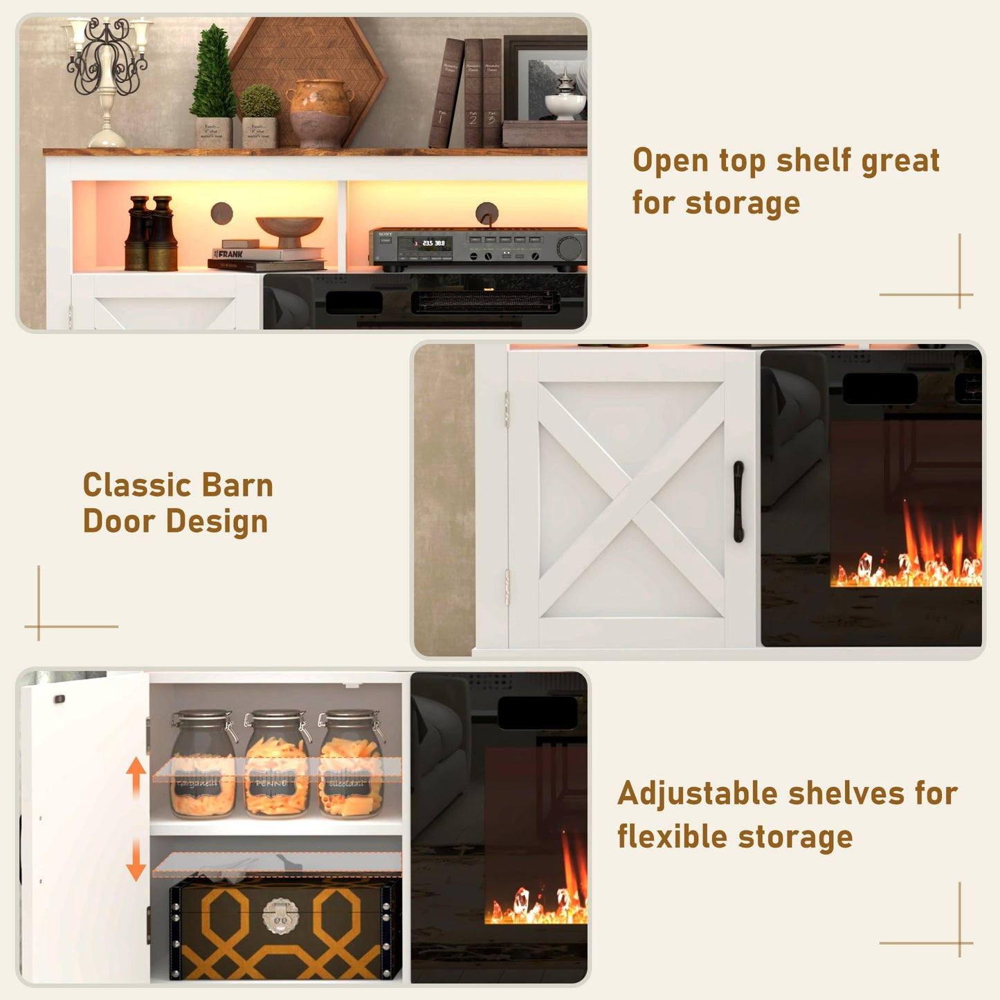 jiteentarou Farmhouse Fireplace TV Stand for 70/75/80 Inch TV, 32”Tall Entertainment Center w/ 36”Electric Fireplace and LED Light, 70”Media Console w/Barn Door Cabinet for Living Room, White