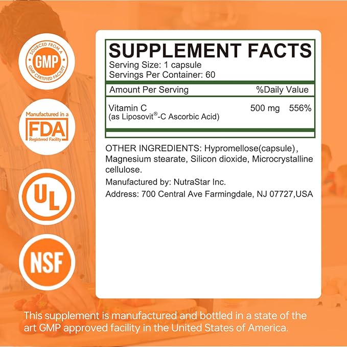 HUJ Vitamin C 500mg, Immune and Antioxidant Support, 60 Capsules