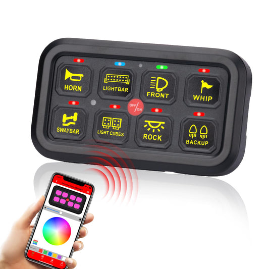 YCHOW-TECH RGB 8 Gang Switch Panel with 3 Lighting Modes Switch Pod Dimmable Function Toggle Momentary Pulsed Bluetooth Switch Circuit Control Relay System Box for Truck SUV Offroad Marine