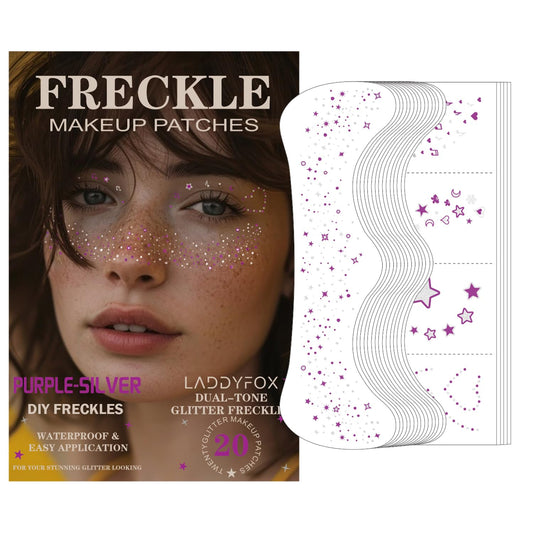 20 Pcs Dual-tone Face Makeup Patches, Purple-silver Glitter Freckles, Glitter Freckles Face Tattoo, Waterproof Face Sparkle Freckles, Long-Lasting 48h Freckles for Women (Purple-silver)