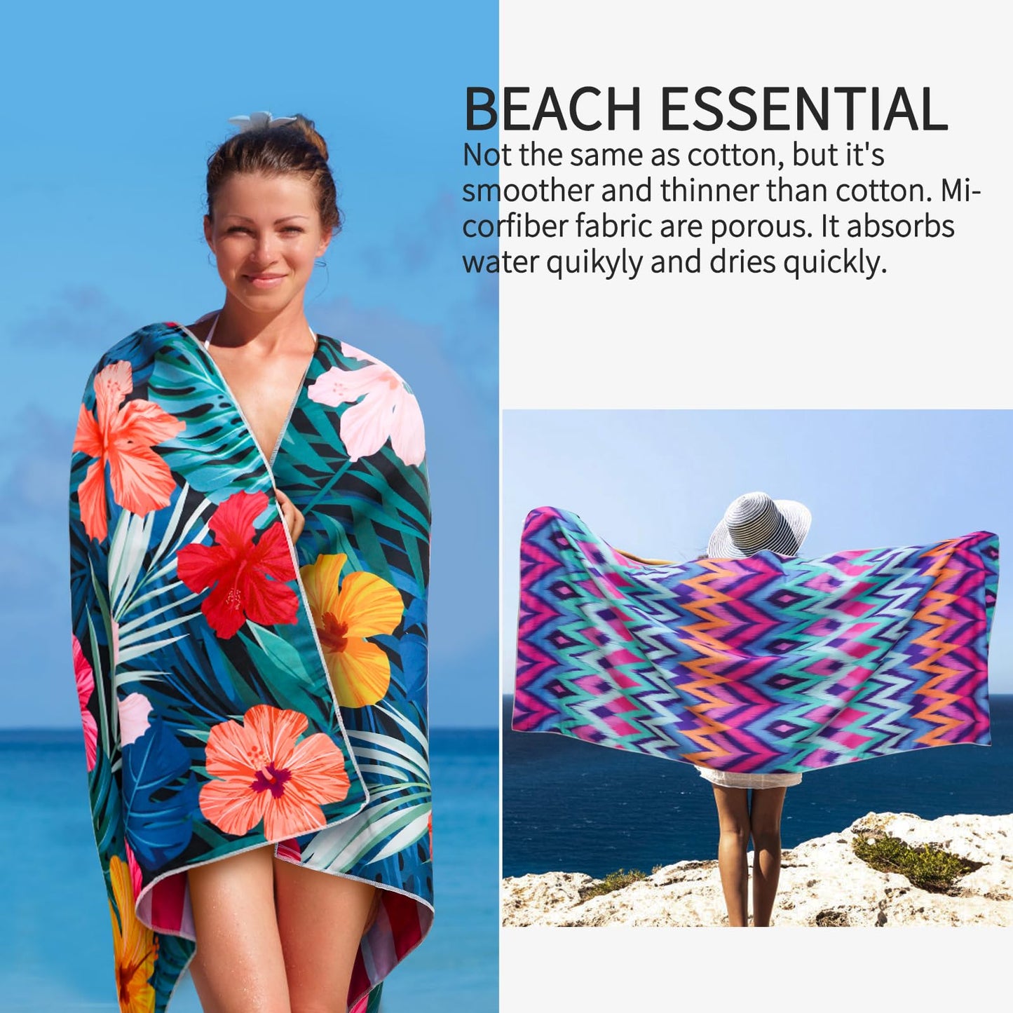 4 Pack Microfiber Oversized Lightweight Beach Towel for Adults Women Men, Reversible 71" x 32" XL Extra Large Thin Quick Dry Sand Free Pool Towels for Travel Sport Swimming Camping Picnic Yoga Gym