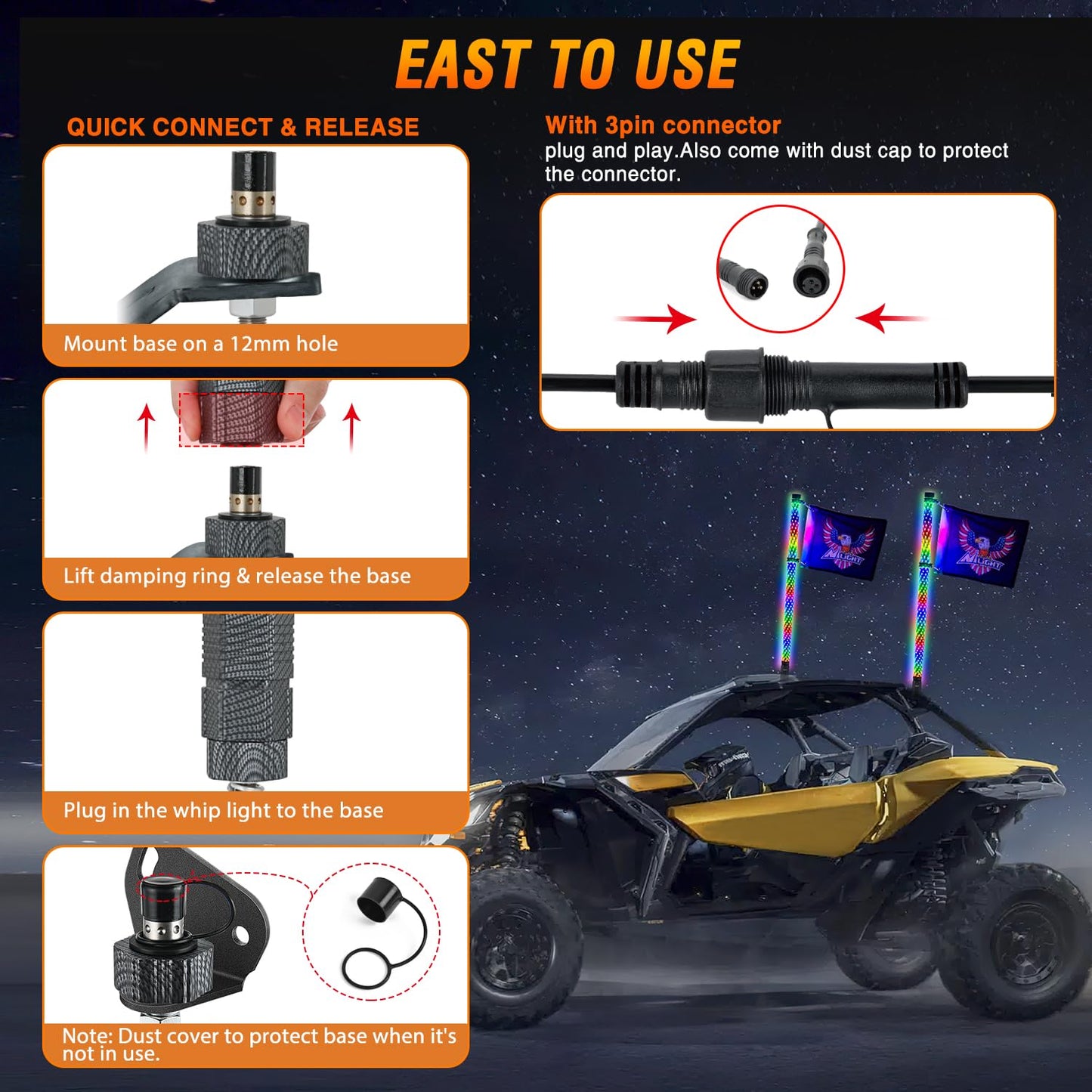 Nilight LED Fat Whip Light 2PCS 3FT RGB Lighted Antenna Whips with Remote & App Control DIY Chasing Patterns Brake Reverse Turn Lights for ATV UTV Polaris RZR Can-am Dune Buggy Pickup Trucks Jeep