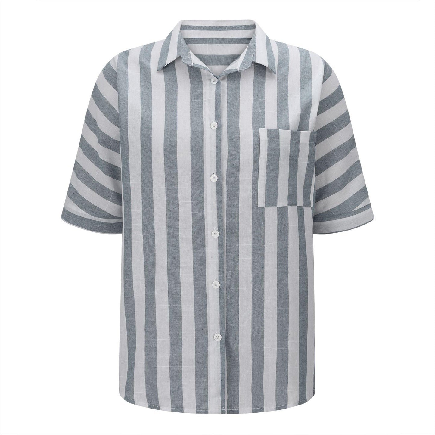 FOCLMP Women Striped Button Down Shirts Cotton Linen Blouse Tops Short Sleeve Collar Guaze Shirt Trendy Vacation Work Clothes Shirts for Women Plus Sized Gray L