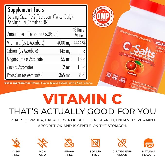 C-Salts Original Vitamin C Powder Supplement - 100% Pure High Dose Buffered Vitamin C Powder for Immune Support - Sugar-Free Powdered Drink Ascorbate, Organic, Stomach-Friendly, Blood Orange 8oz