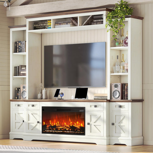 AMERLIFE 98in Farmhouse Entertainment Center with 36" Fireplace, TV Stand, Bookshelf, Wine Cabinet, Fits 78" TVs, Wall Unit Media Console with Power Outlets & Barn Doors, Living Room, Off-White