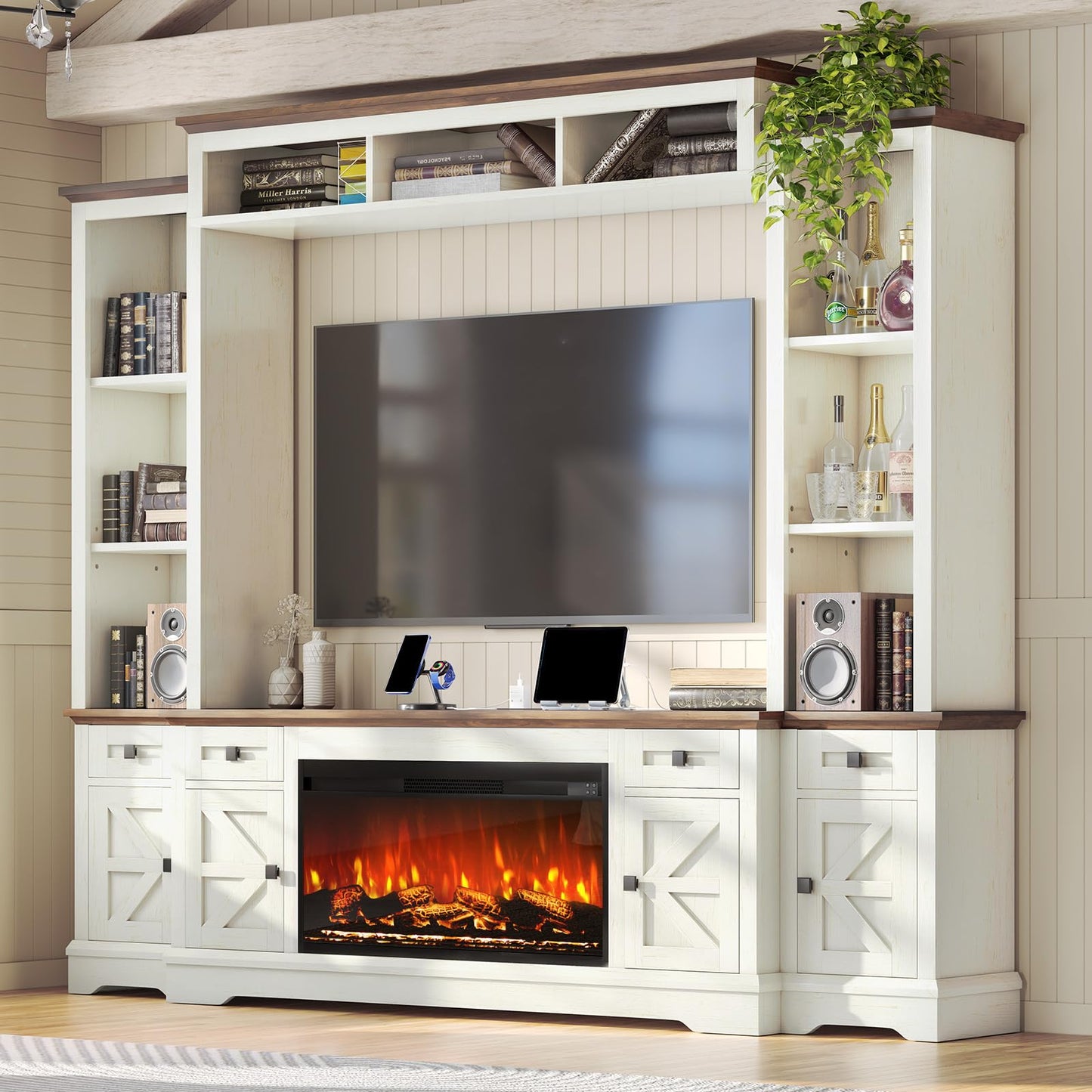 AMERLIFE 98in Farmhouse Entertainment Center with 36" Fireplace, TV Stand, Bookshelf, Wine Cabinet, Fits 78" TVs, Wall Unit Media Console with Power Outlets & Barn Doors, Living Room, Off-White