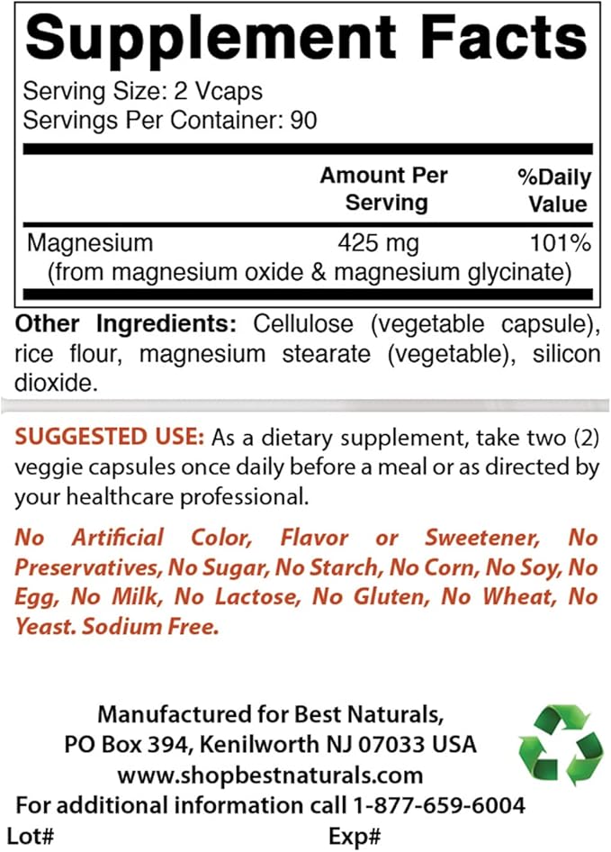 Best Naturals Magnesium 425 mg 180 Veggie Capsules - High Absorption Magnesium Glycinate & Magnesium Oxide Chelated, Non-GMO, Gluten Free Muscle Relax (180 Count (Pack of 3))