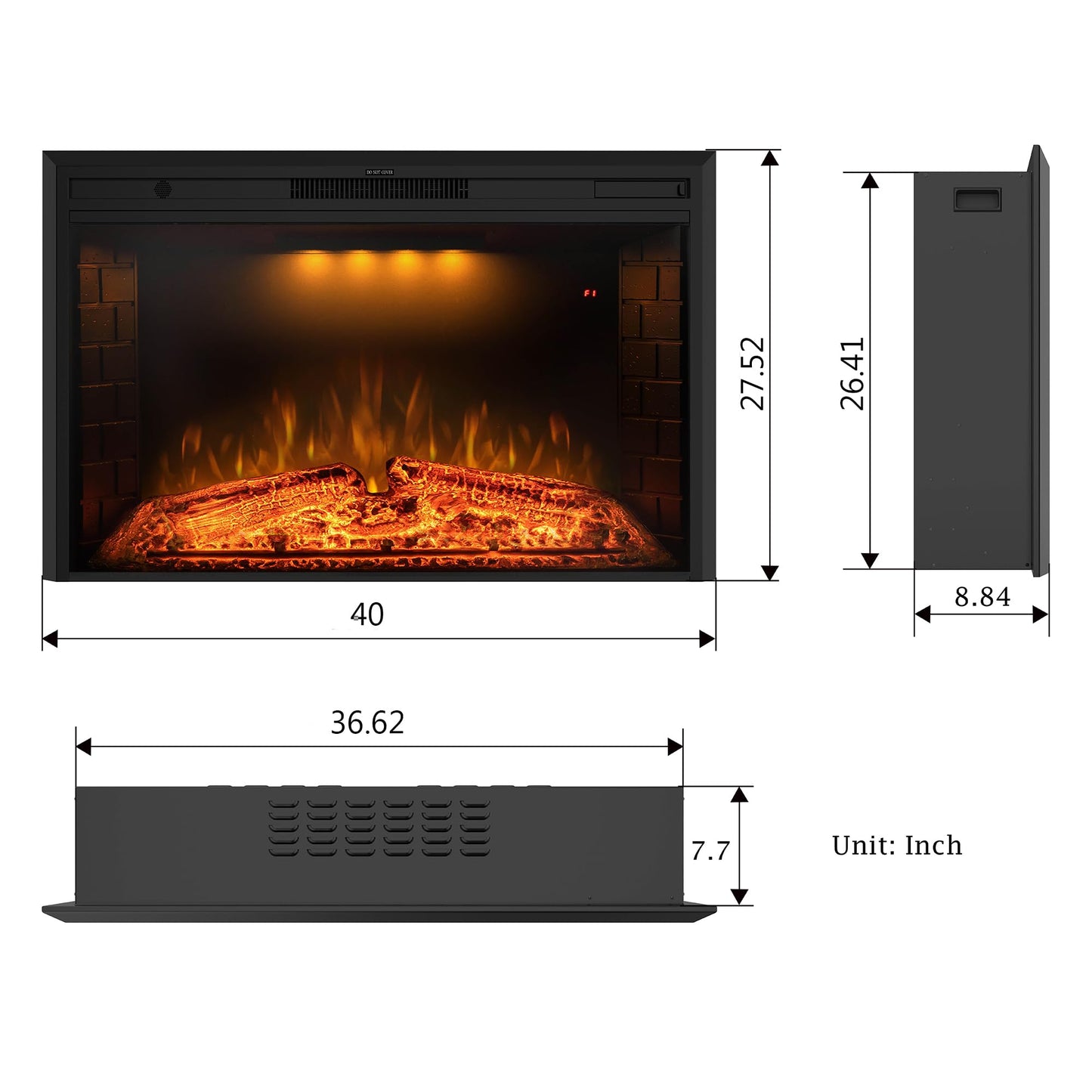 Benrocks 40'' Electric Fireplace Inserts, Recessed & Built in Wall Electric Fireplace Heater with Fire Crackling Sound, Adjustable Top Light & Flame Speed, Overheating Protection, 750/1500W Black