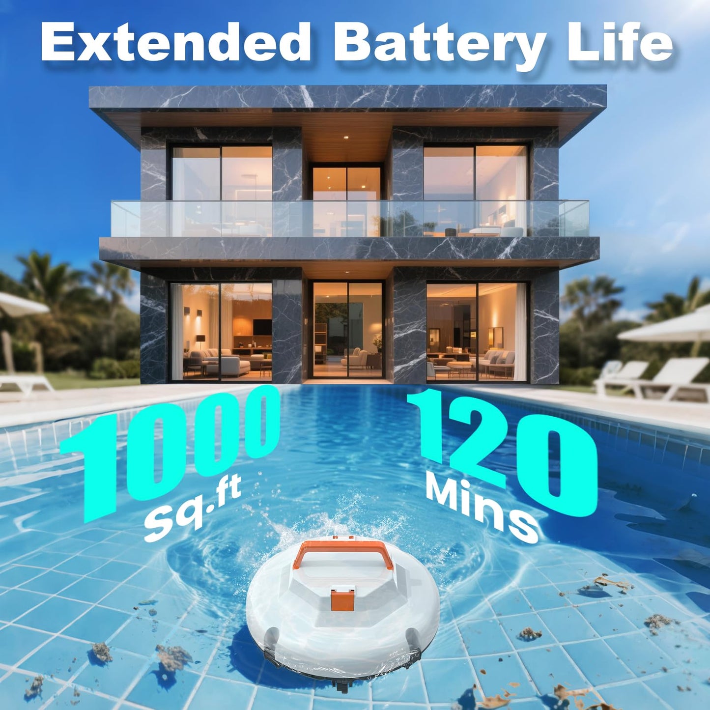2025 Cordless Robotic Pool Cleaner - 120 Mins Automatic Pool Vacuum for Above Ground Pool & In - Ground Flat Pools up to 1000 Sq.Ft, Robot Pool Cleaner with Self - Parking Tech