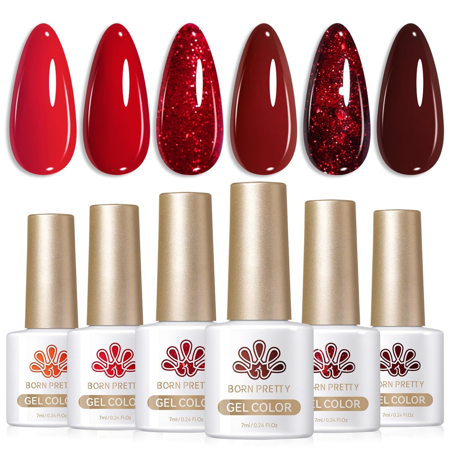 Born Pretty Red Gel Nail Polish Set 6Colors Dark Burgundy Wine Red Colors Bloody Mary Collection Popular Shimmer Glitter Red Nail Gel Nail Art Design Minicure DIY Salon and Home 7ml