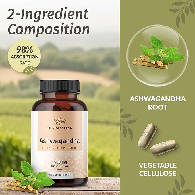 HERBAMAMA Ashwagandha Capsules - 1500mg Pure Ashwagandha Root Focus Supplement - Vegan, Non-GMO Mood & Calm Support Supplement for Adults, 100 Caps