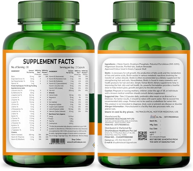 10000 MCG Biotin Supplement Capsules Promote Hair Skin & Nails Health Enriched with Sesbania grandiflora Vitamin C Grape Seed & Bamboo Extract for Men Women - 60 Capsule