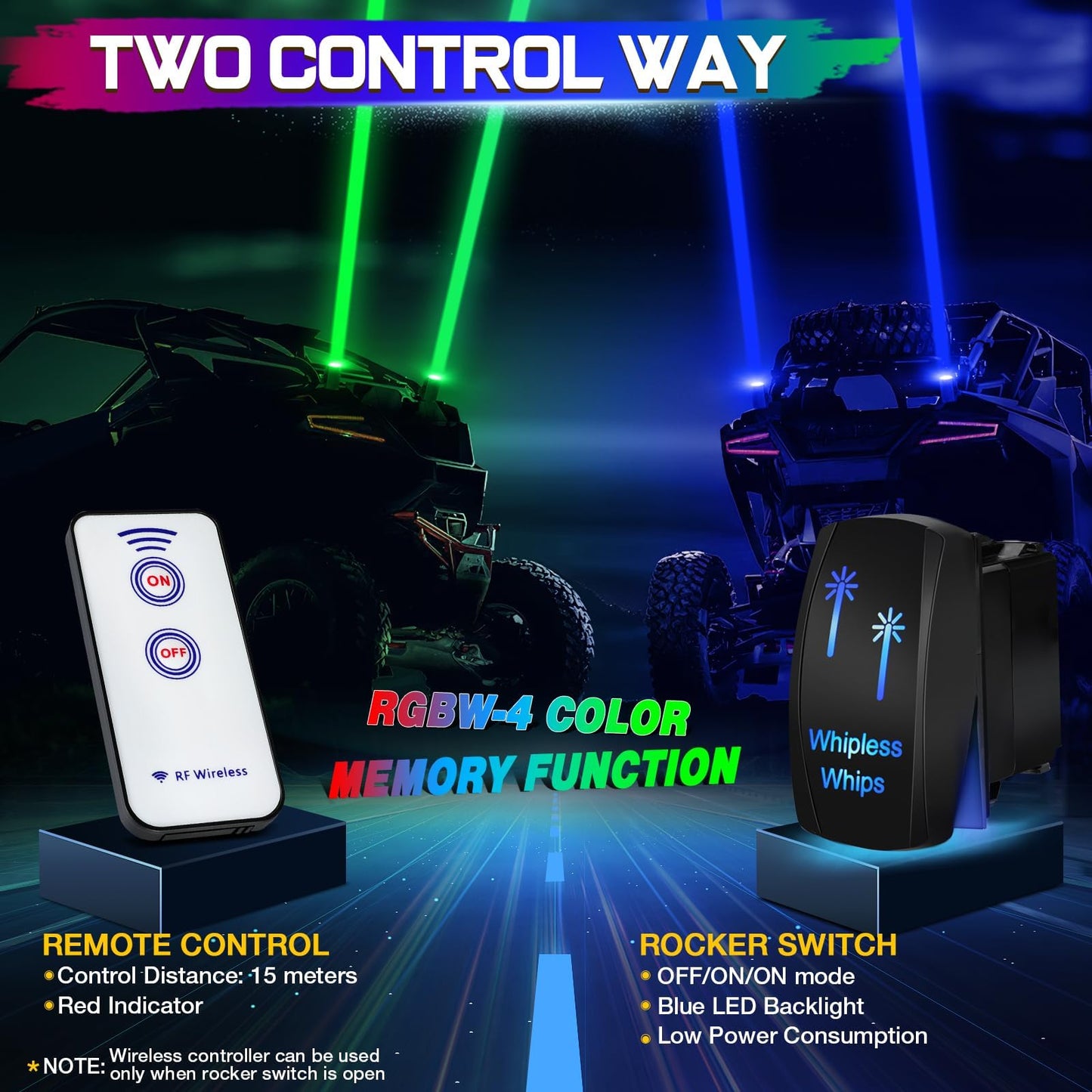 Whip Lights for Side by Side, Niking Auto 2Pcs Whipless LED Whip Lights with Switch & Remote RGB Chase Pods Antenna Lighted Whip Kits for Polaris RZR Can-Am ATV UTV Dune Buggy Trucks Kawasaki