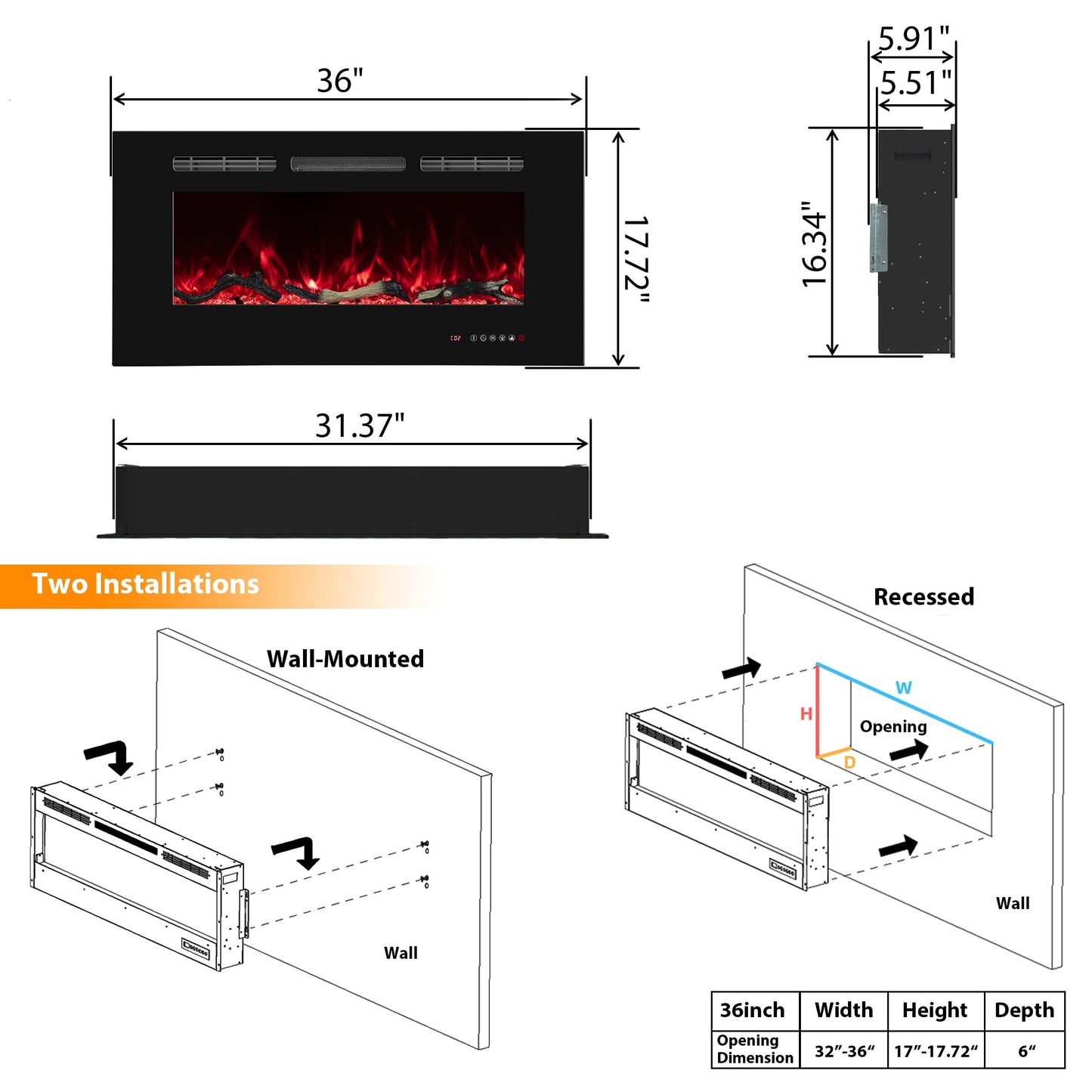 Oxhark Flame 36inch Electric Fireplace in Wall Recessed and Wall Mounted Fireplace Electric, 13 Flame Colors, Realistic Logs &Crystals Fuel Bed, Adjustable Temperature and Timer,750W/1500W, Black
