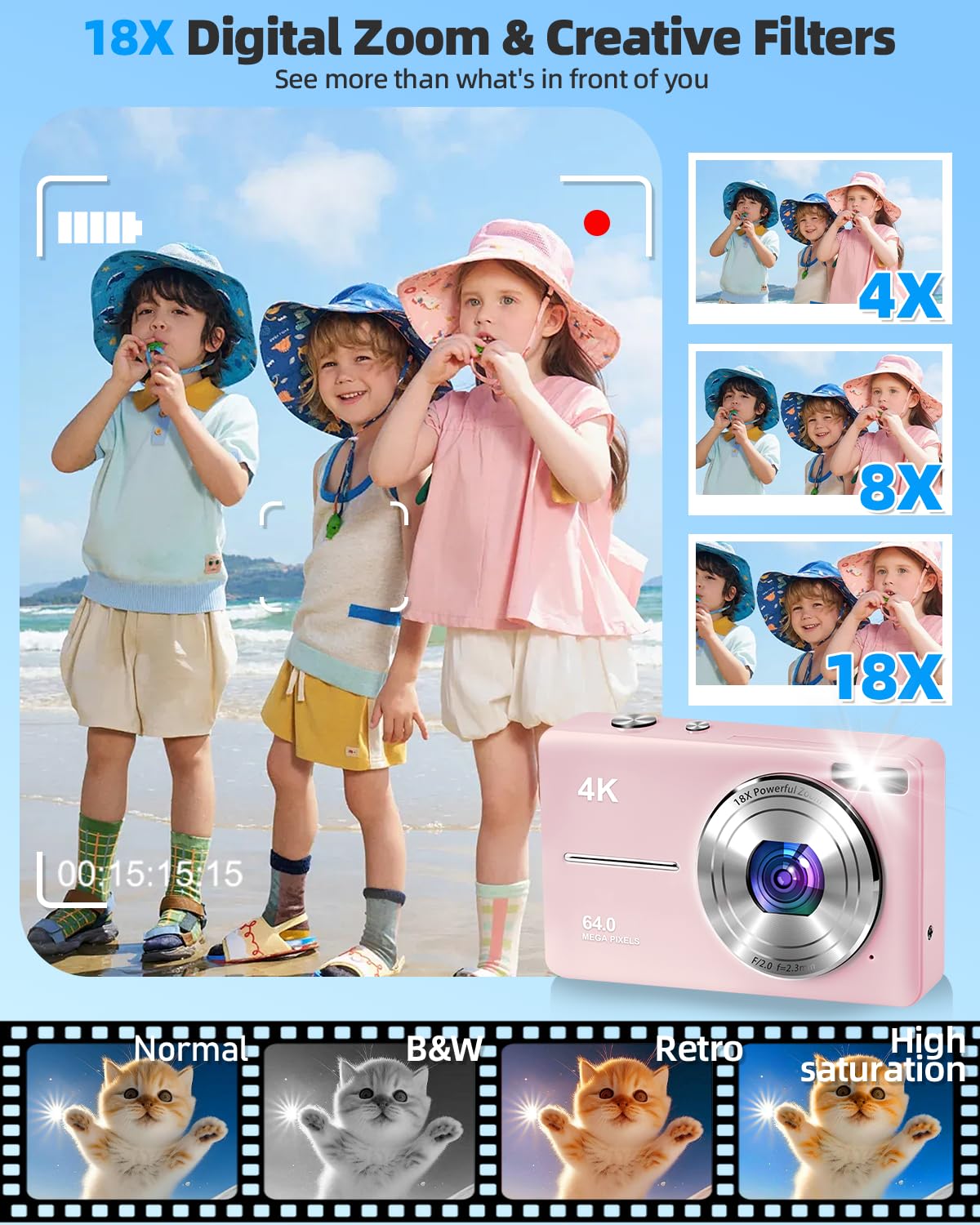 4K Digital Camera for Photography, Autofocus 64MP Vlogging Camera, 32GB TF Card, 2.8'' LED Screen, 18X Zoom, Anti-Shake, Portable YouTube Point and Shoot Digital Cameras for Kids Teens Adult Beginner