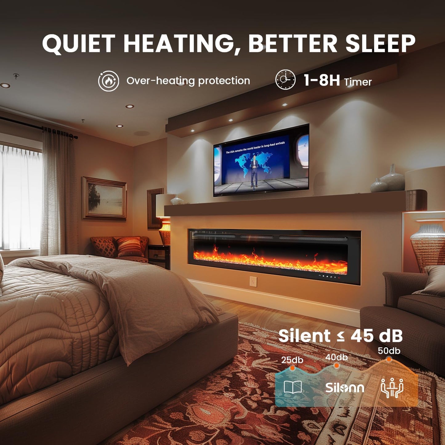 Marsail 50″ Electric Fireplace Heater with App & Remote Control, 5300 BTU Heat Output, Ultra-Slim Wall-Mounted or Recessed Electric Fireplace Inserts with Timer, 20 Flame Colors,SLELF02B-50