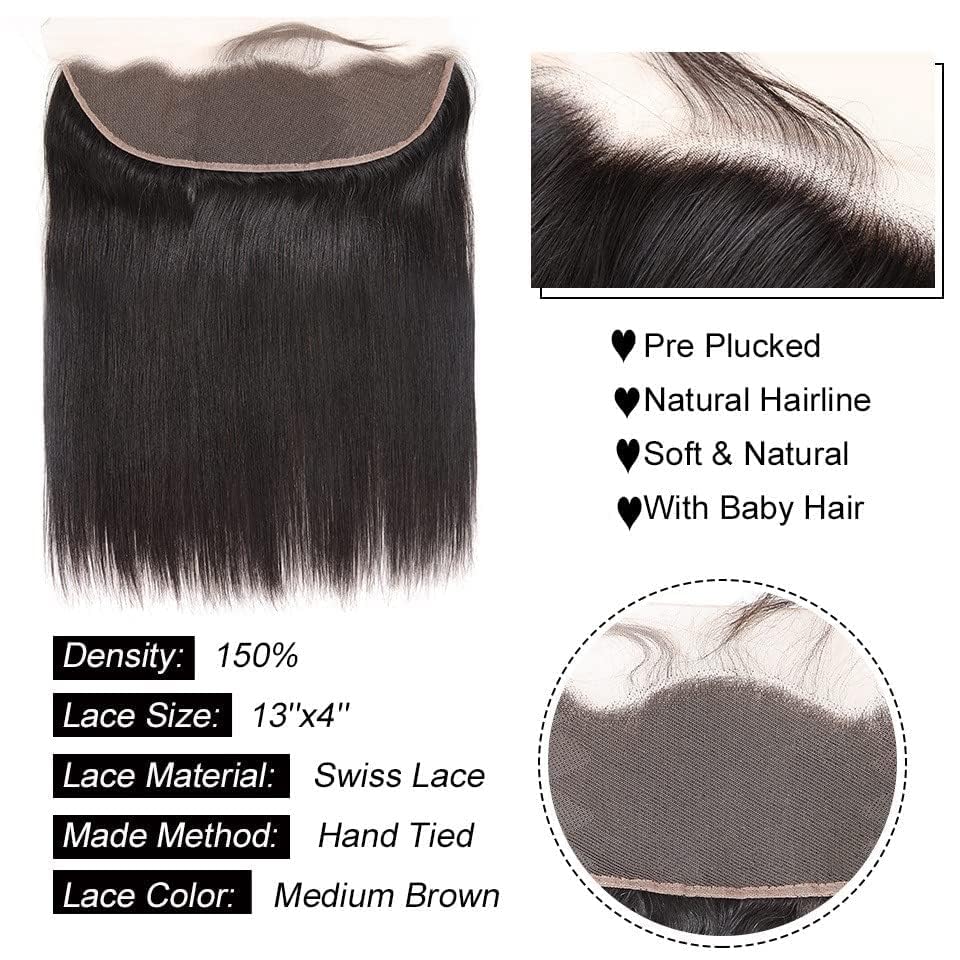 13x4 Frontal Striaght HD Transparent Lace Frontals 12A Brazilian Virgin Human Hair Lace Frontal Closure Natural Black (13 × 4 Lace Frontal, 12 Inch)