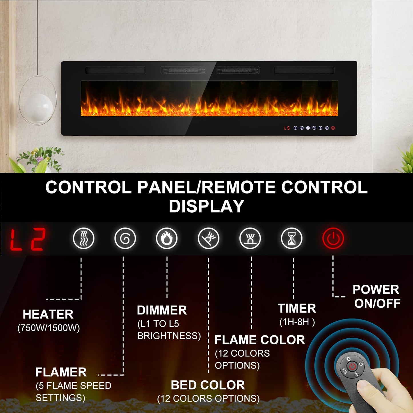 BREEZEHEAT 72" Ultra Thin Electric Fireplace Insert-ETL Certified, Recessed/Wall Mount, 3D Flame with Crystal, Remote & Touch, 750W/1500W (900 Sq.Ft), 8H Timer