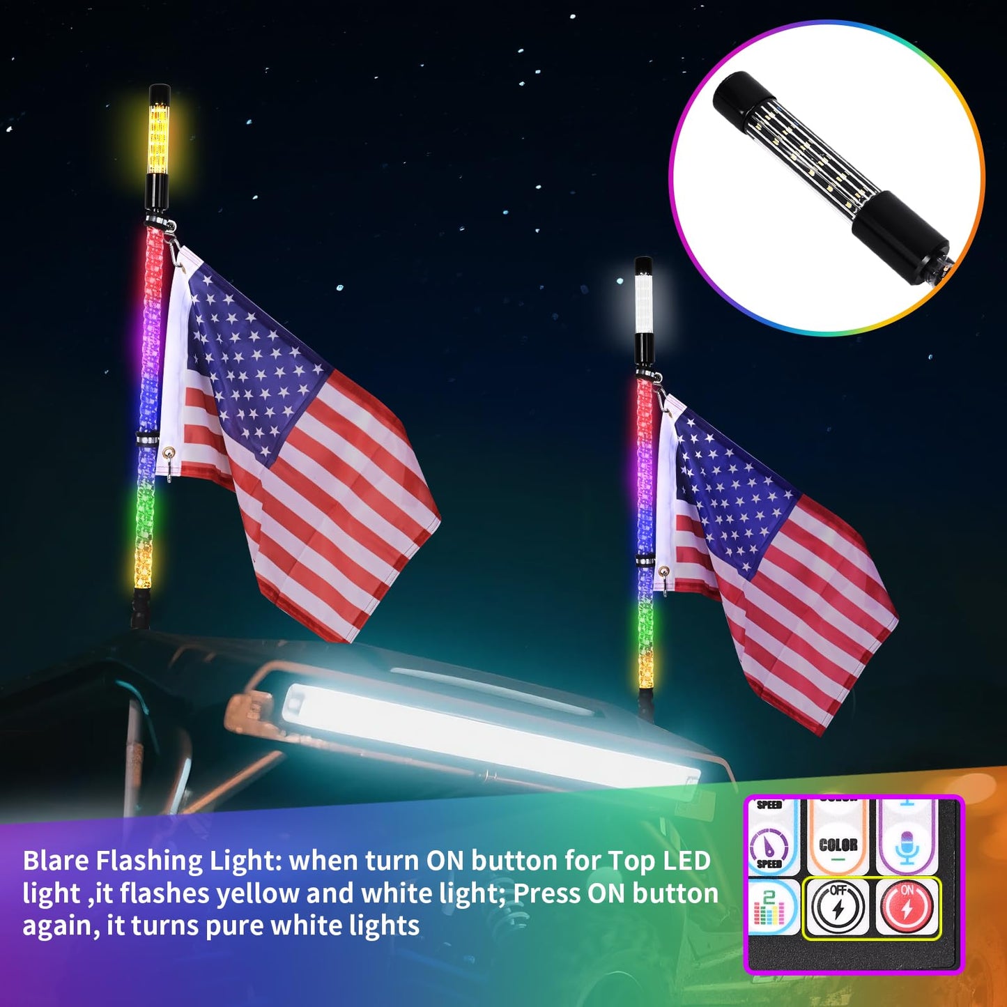 2PCS 3FT LED Whip Light and Blare Flash Light Kit with Spring Base, Spiral RGB Chase and Music Lights Whips with Rocker Switch, App & Remote Control, for UTV ATV RZR SXS Can-Am Polaris