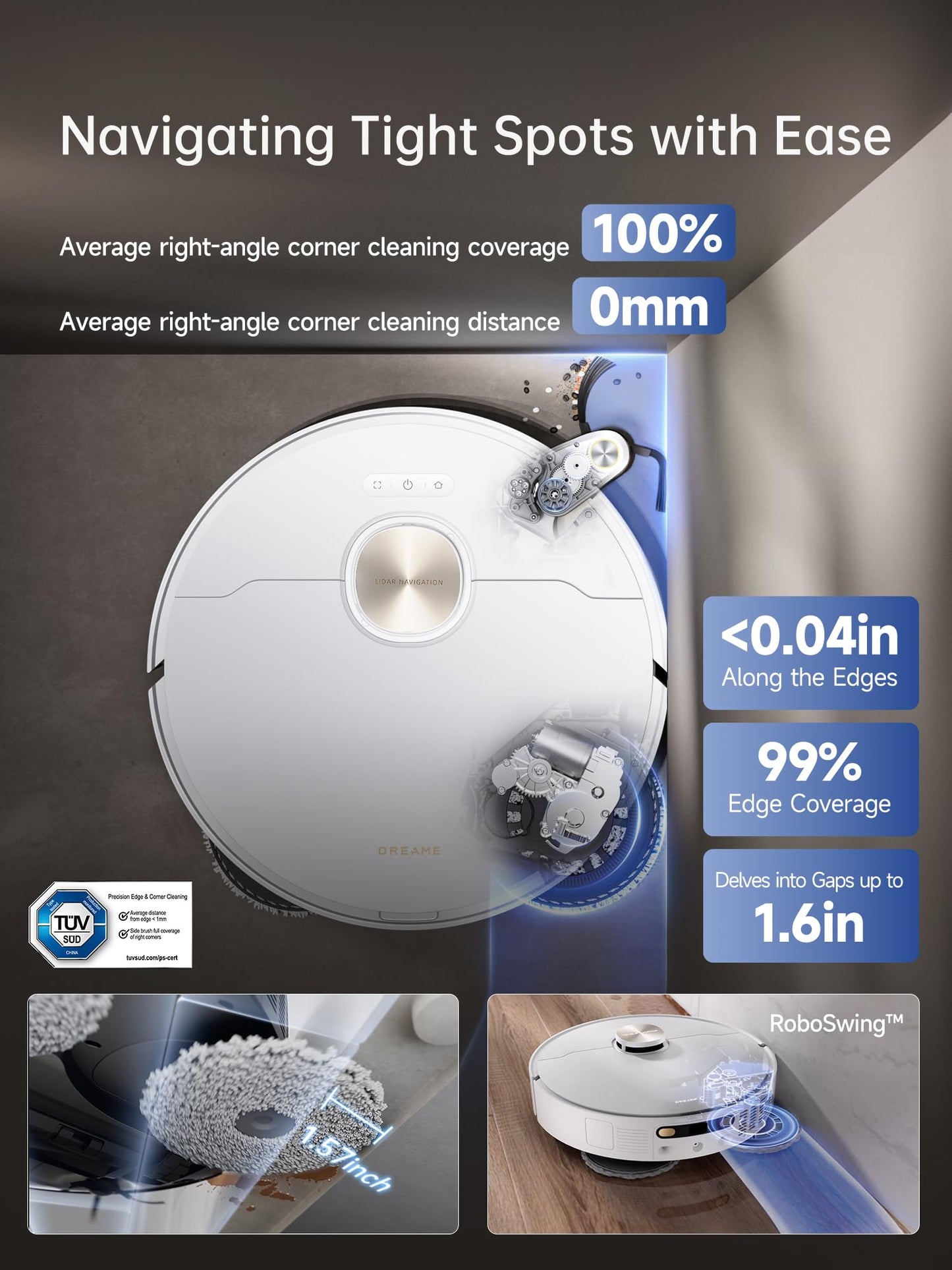 DREAME X40 Ultra Robotic Vacuum with Removable & Liftable Mop, 12,000Pa Suction, Side Brush Extensive Cleaning, 158°F Mop & Washboard Self Cleaning, Auto-Empty, Auto Refill, liftable Brushes White