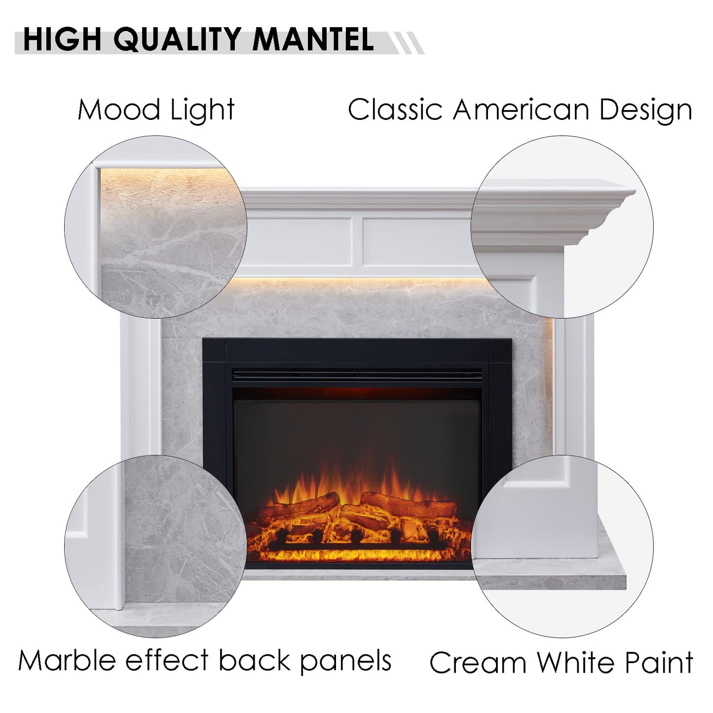 LegendFlame® Ashley Electric Fireplace with 60" Mantel Surround and Jaden 36" Insert, Cream White with Light Grey Marble Finish