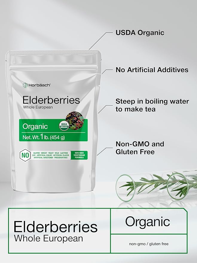 Horbäach Elderberries Dried Organic | 1 lb Bulk Bag | Whole European | Non-GMO, Gluten Free | Sambucus Nigra