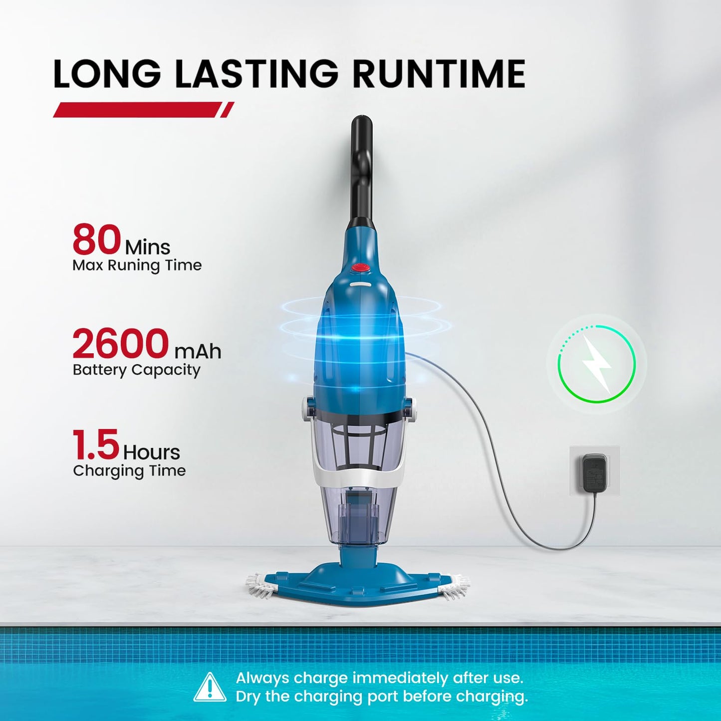 Enhulk Pool Vacuum for Above Ground Pool, 2025 Upgraded Pool Vacuum with A Telescopic Pole, 18.5 Gal/Min Powerful Suction, 80Mins Runtime, Effortlessly Cleans Debris Underwater (Blue)