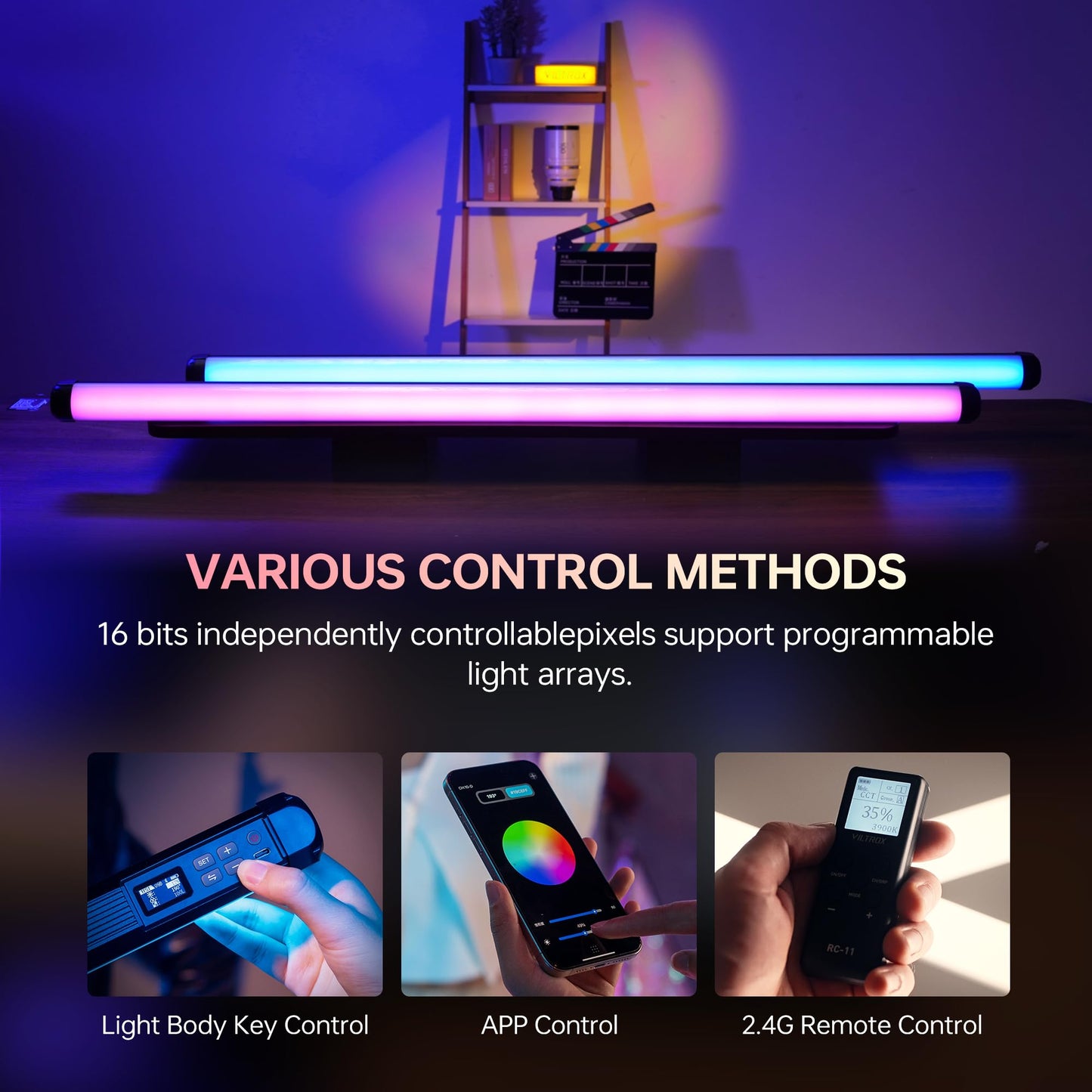 VILTROX K90 2 Pack RGB Tube Light, 30W 38inch Large RGBWY Photography LED Video Stick Light Wand with APP/2.4G/Remote Control, CRI 97+, 26 Scenes, 2500K-8500K, 14.8V/3300mAh Battery, Magnetic Chip