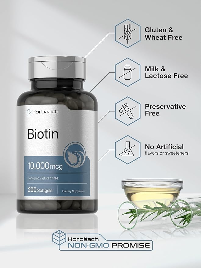Horbaach Biotin 10000 mcg | 200 Softgels | Vitamin B7 Supplement | Non-GMO & Gluten Free
