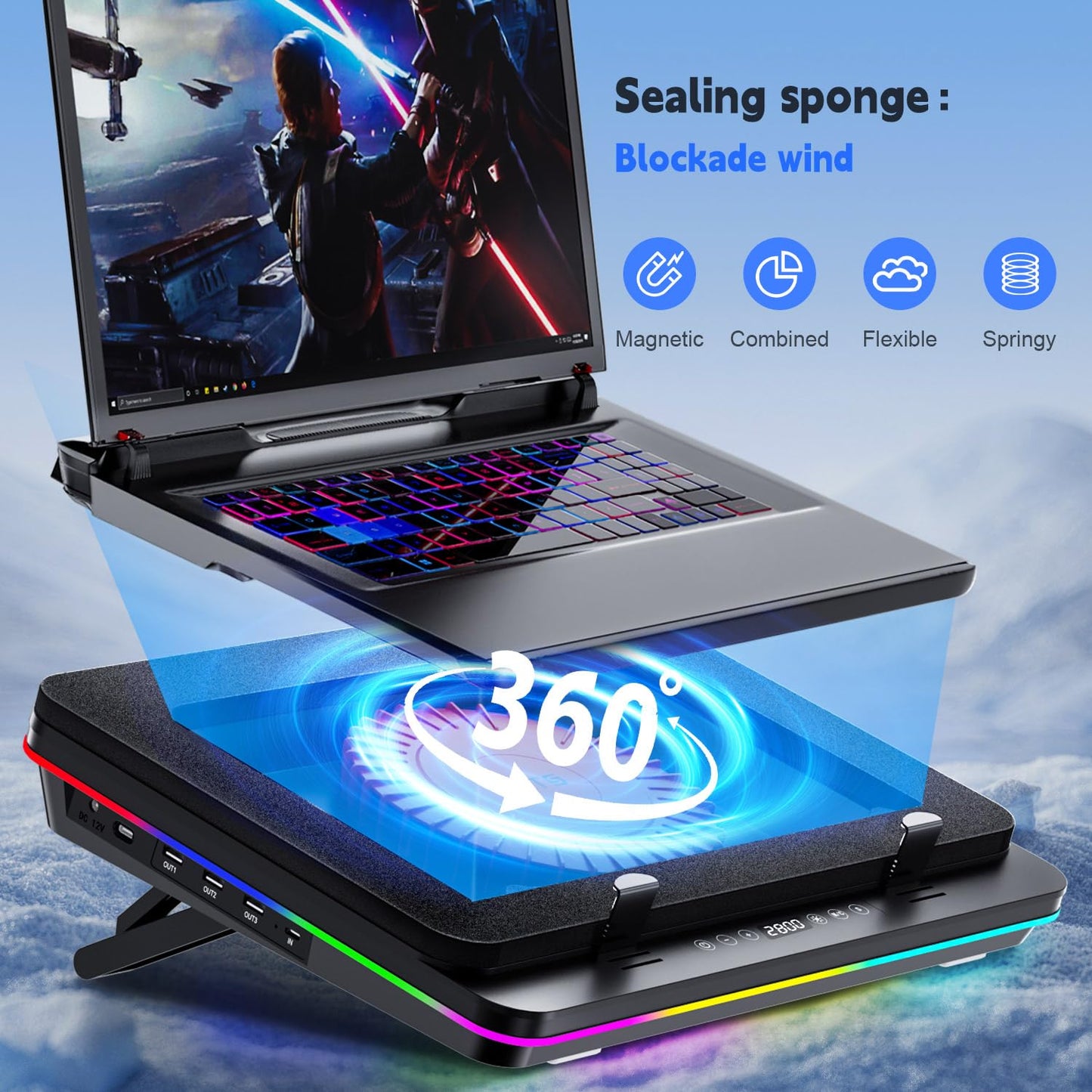 IETS GT600 RGB Laptop Cooling Pad Equipped with Gigantic Turbo-Fan（5.5inch Diameter）,Sealed Foam for Rapid Cooling Gaming Laptop,14.1-19.3 inch Laptop Cooler with 3-Port USB Hub,Dust Filter