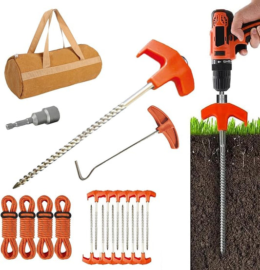 12 Pack Tent Stakes Heavy Duty, Screw in Tent Stakes Heavy Duty, Metal Tent Stakes, 8" Tent Pegs, Camping Stakes, with 1 Hex Head Driver, 1Stopper T Pull Hook, with 4 X 13ft Ropes,Storage Box (B1)