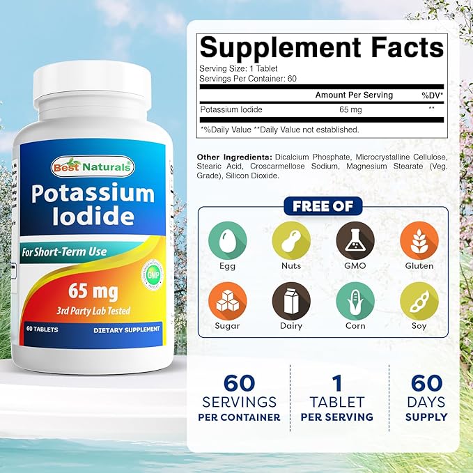 Best Naturals Potassium Iodide 65 mg - Dietary Supplement, 60 Tablets (60 Count (Pack of 1)) (12)