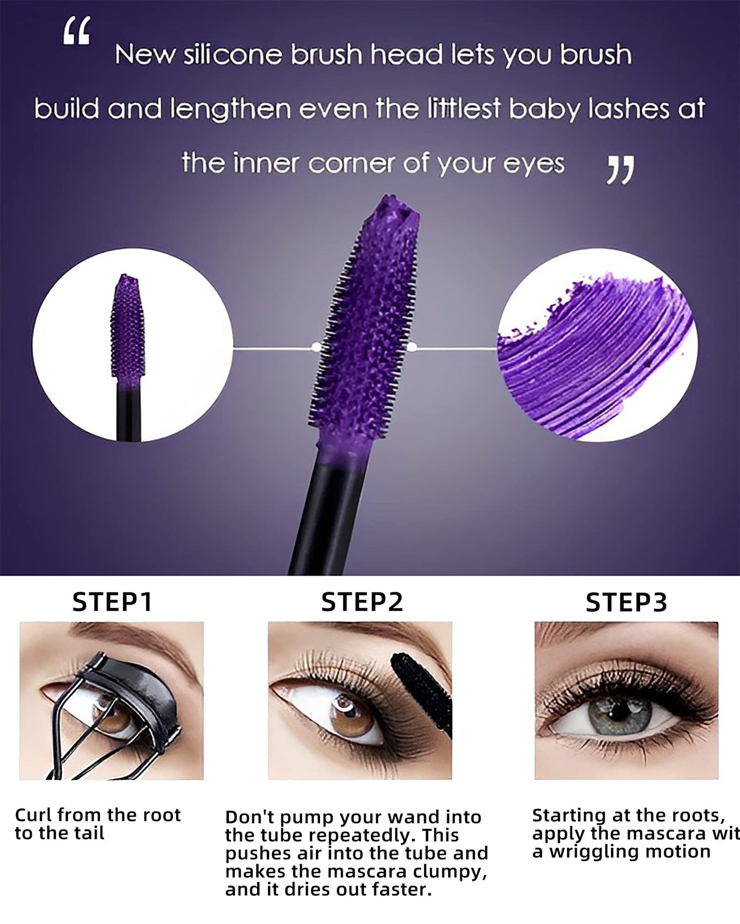 5D Purple Mascara Volume and Length,1Pcs Waterproof Smudge-Proof Color Mascara for Eyelashes,Volumizing Curling Defining Eye Lashes, Longlasting Fiber Colored rimel de pestañas for Women Eye Makeup