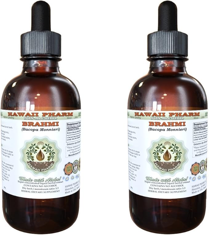 Brahmi Alcohol-Free Liquid Extract, Organic Brahmi Liquid (Bacopa Monnieri) Whole Herb Dried Glycerite Hawaii Pharm Natural Herbal Supplement 2x4 oz