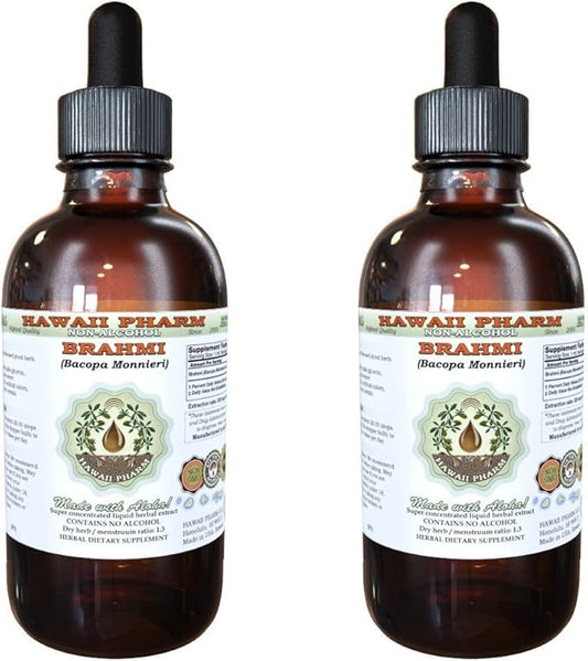 Brahmi Alcohol-Free Liquid Extract, Organic Brahmi Liquid (Bacopa Monnieri) Whole Herb Dried Glycerite Hawaii Pharm Natural Herbal Supplement 2x4 oz