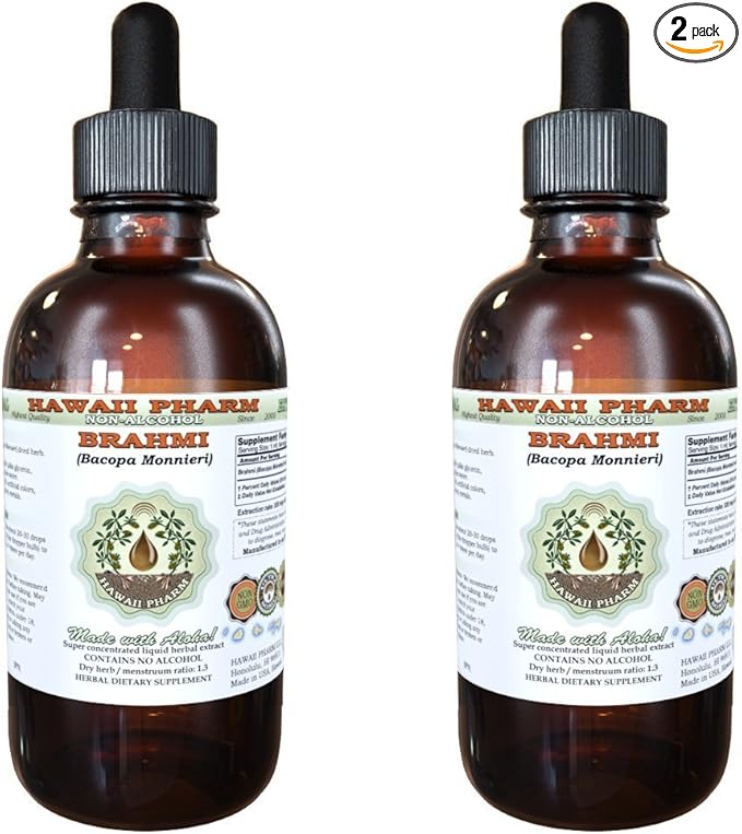 Brahmi Alcohol-Free Liquid Extract, Organic Brahmi Liquid (Bacopa Monnieri) Whole Herb Dried Glycerite Hawaii Pharm Natural Herbal Supplement 2x2 oz