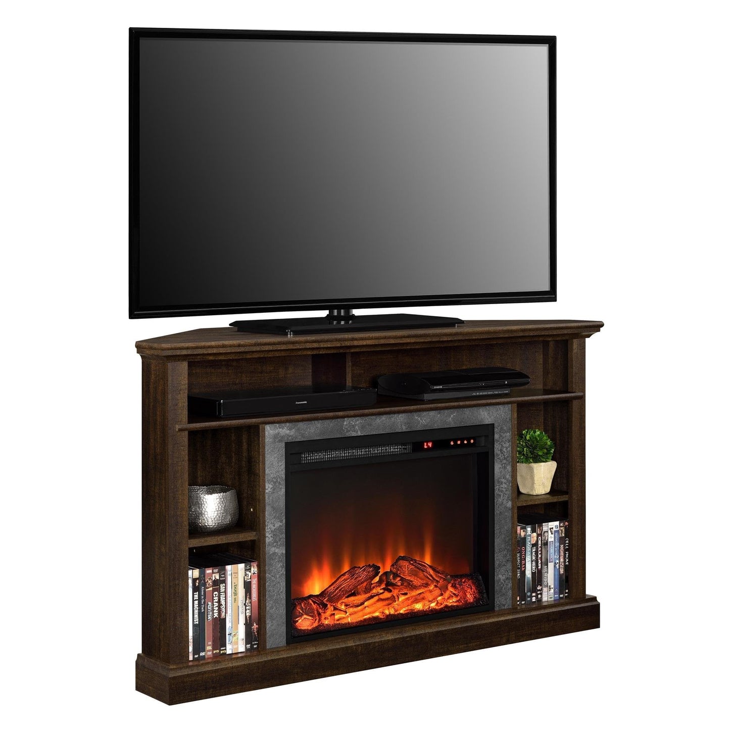 Ameriwood Home Overland Corner Fireplace TV Stand for TVs up to 50 Inch, Replaceable Electric Fireplace Insert Heater, Remote Control, Timer, Realistic Log and Flame Effect, Espresso