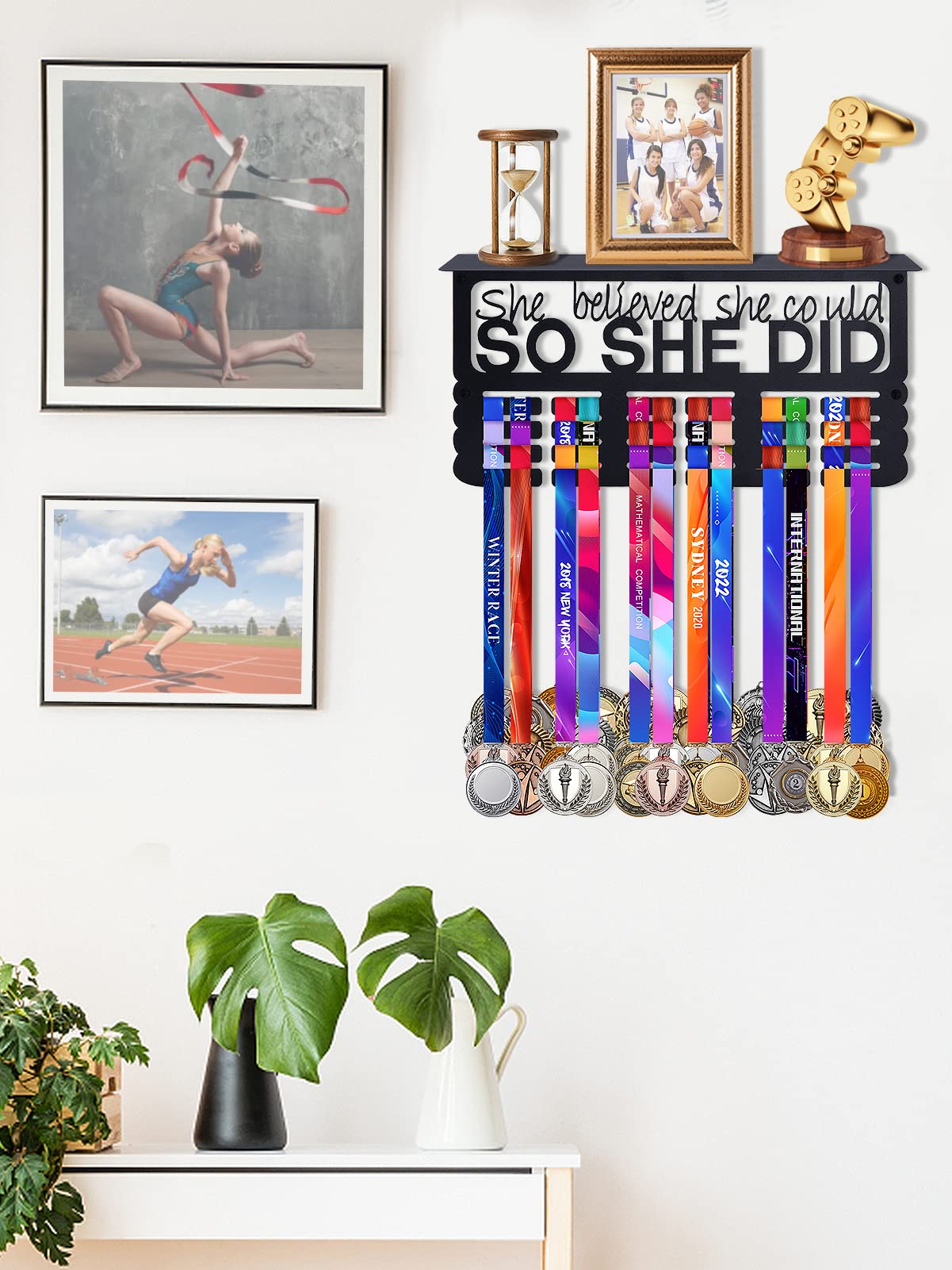 Biggun Metal Trophy and Medal Display Shelf- Easy to Install Medal Hanger Display with Trophy Shelf Medal Holder for Over 70 Running Race Wrestling Medals